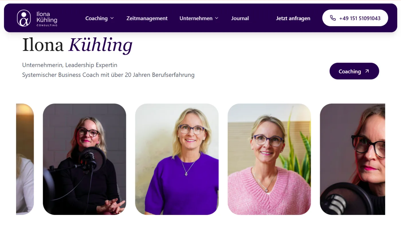 Startseite von Ilona Kühling Consulting aus Vechta mit der Positionierung als systemischer Business Coach direkt über dem Falz und der Telefonnummer als erstem Kontaktweg