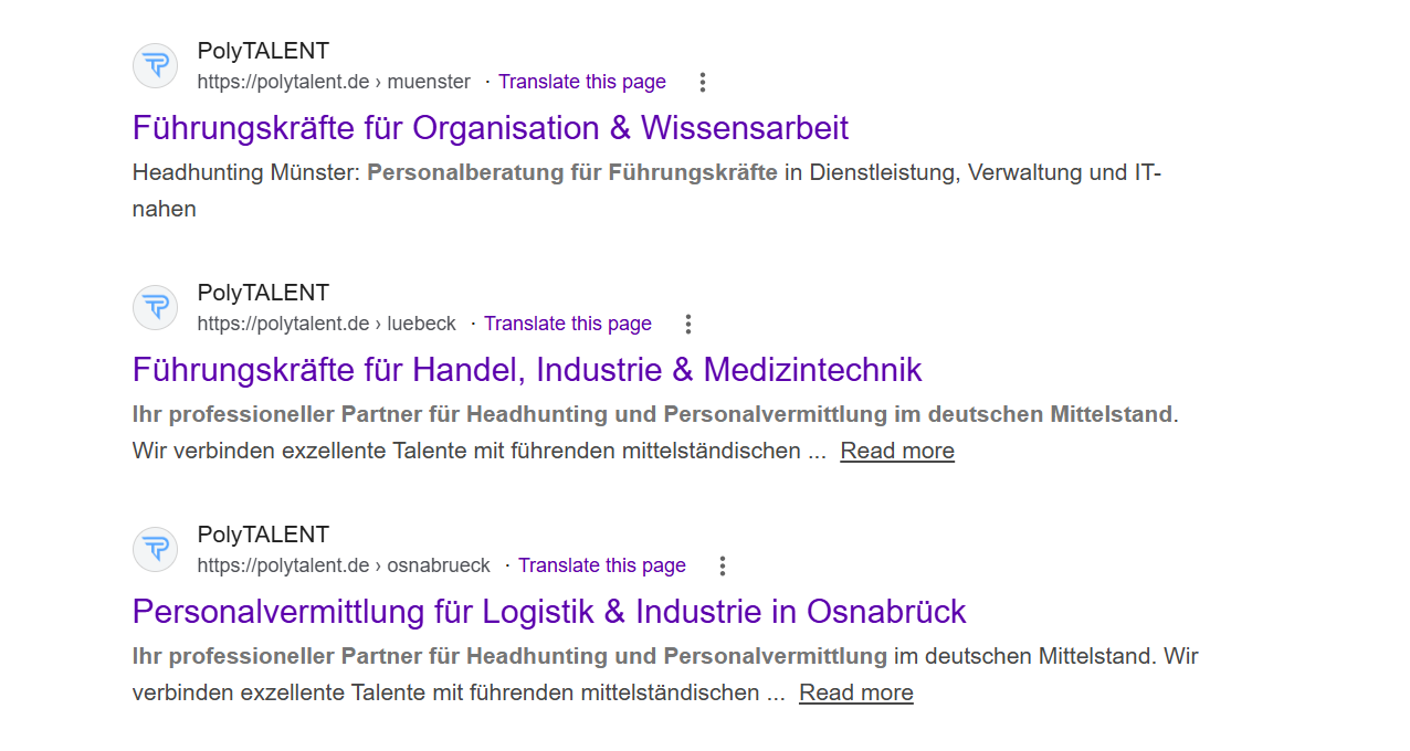 Google-Suchergebnisse für PolyTalent aus Lohne mit Treffern für Lübeck, Ulm und Osnabrück, entstanden im SEO-Projekt von Lightlap