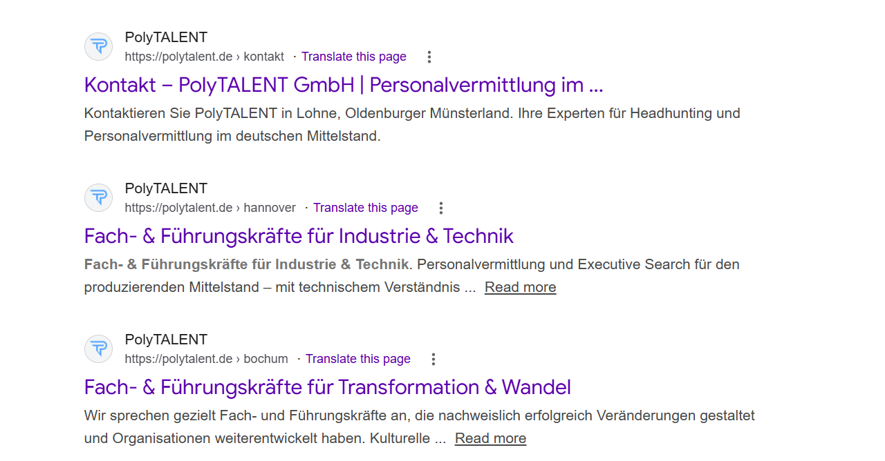 Google-Suchergebnis für die Personalvermittlung PolyTalent aus Lohne: die von Lightlap angelegten Standortseiten für Hannover und Bochum stehen auf Seite eins